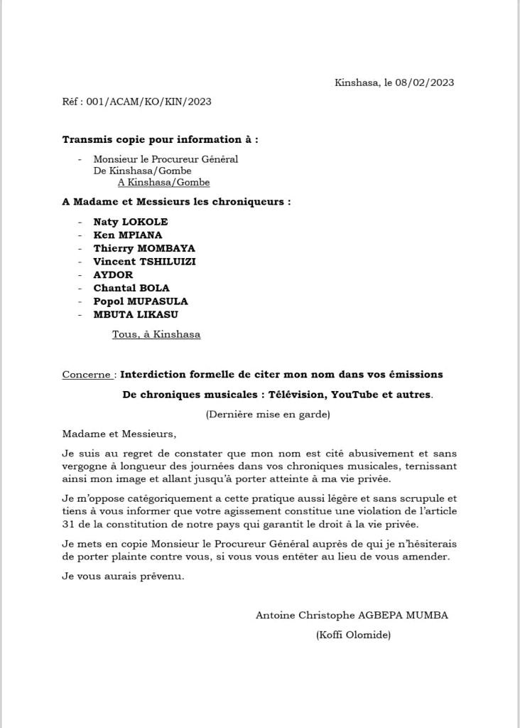 Koffi Olomide interdit  formellement à huit chroniqueurs de le citer (DR)